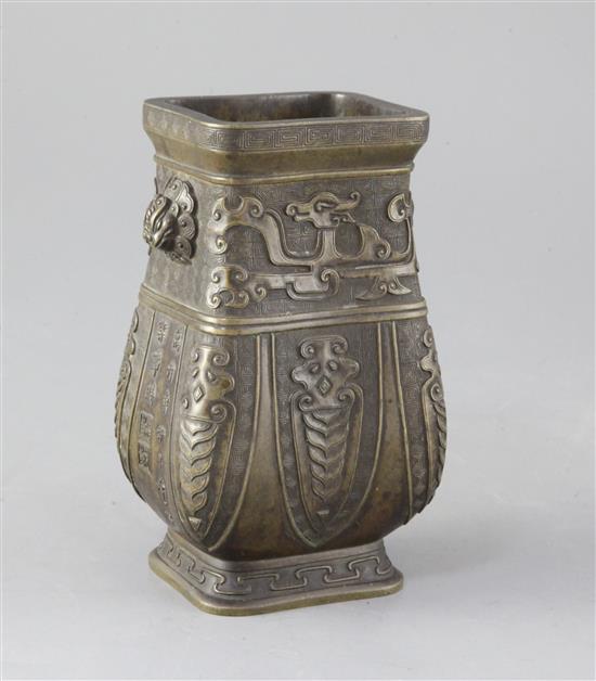 A Chinese archaistic bronze vessel, fanghu, Xuande mark but 17th/18th century, height 15.3cm